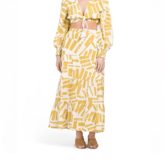 house of harlow 1960 Long Sleeve Linen Crop Top With Tiered Maxi Skirt Set Sz S - Picture 5 of 16